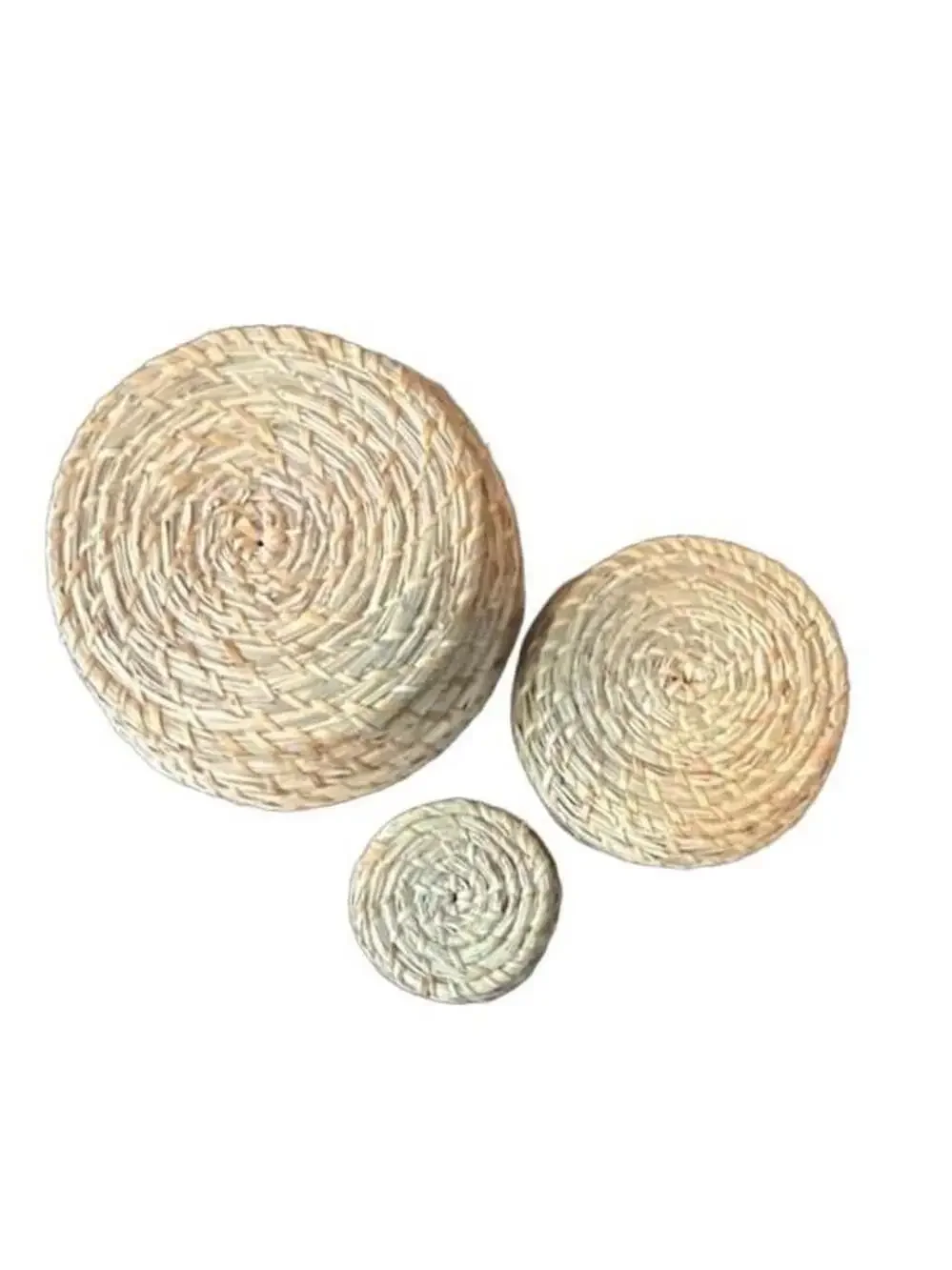 Set of 3 Woven Seagrass Lidded Nesting Baskets Round Storage Boxes